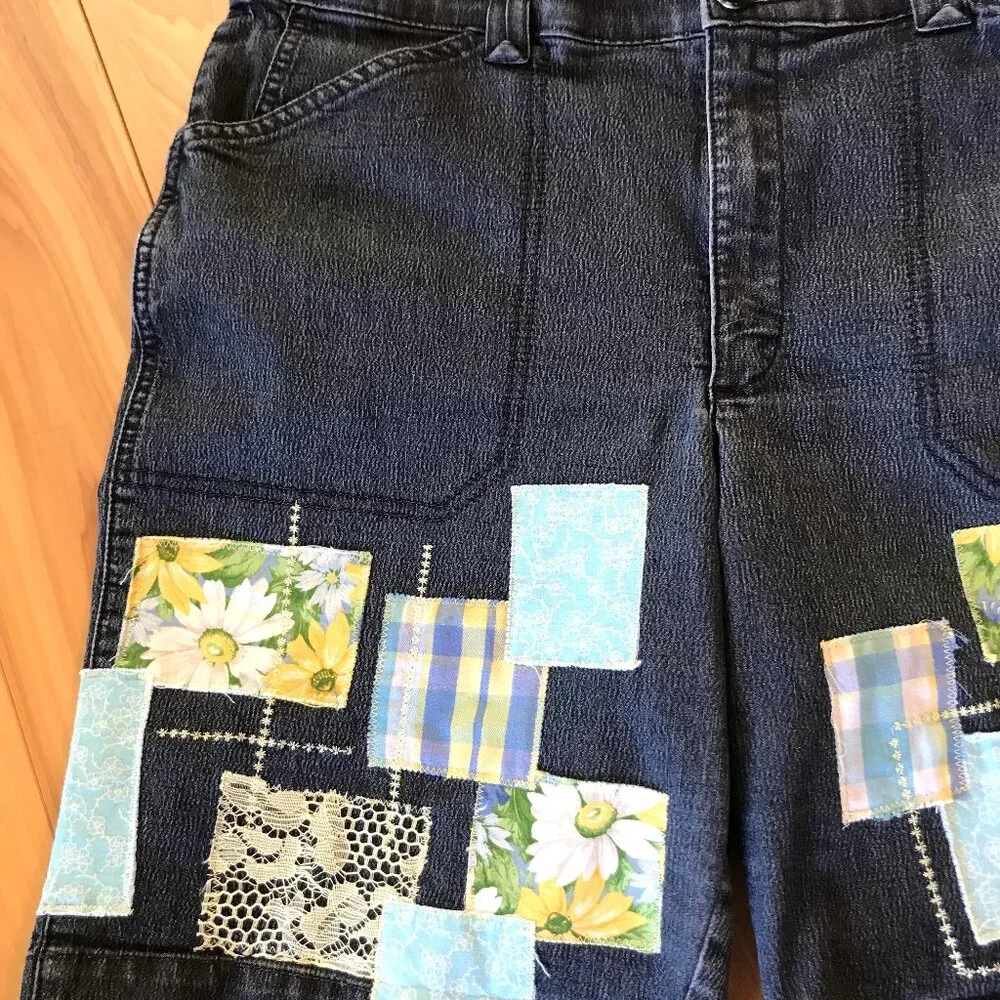 Boho Patchwork Jean Shorts Upcycled Denim Decorative Stitching Women's Size 14